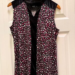 Sleeveless Open Front Top – Polka Dot Print, Velvet Trim, Size Large